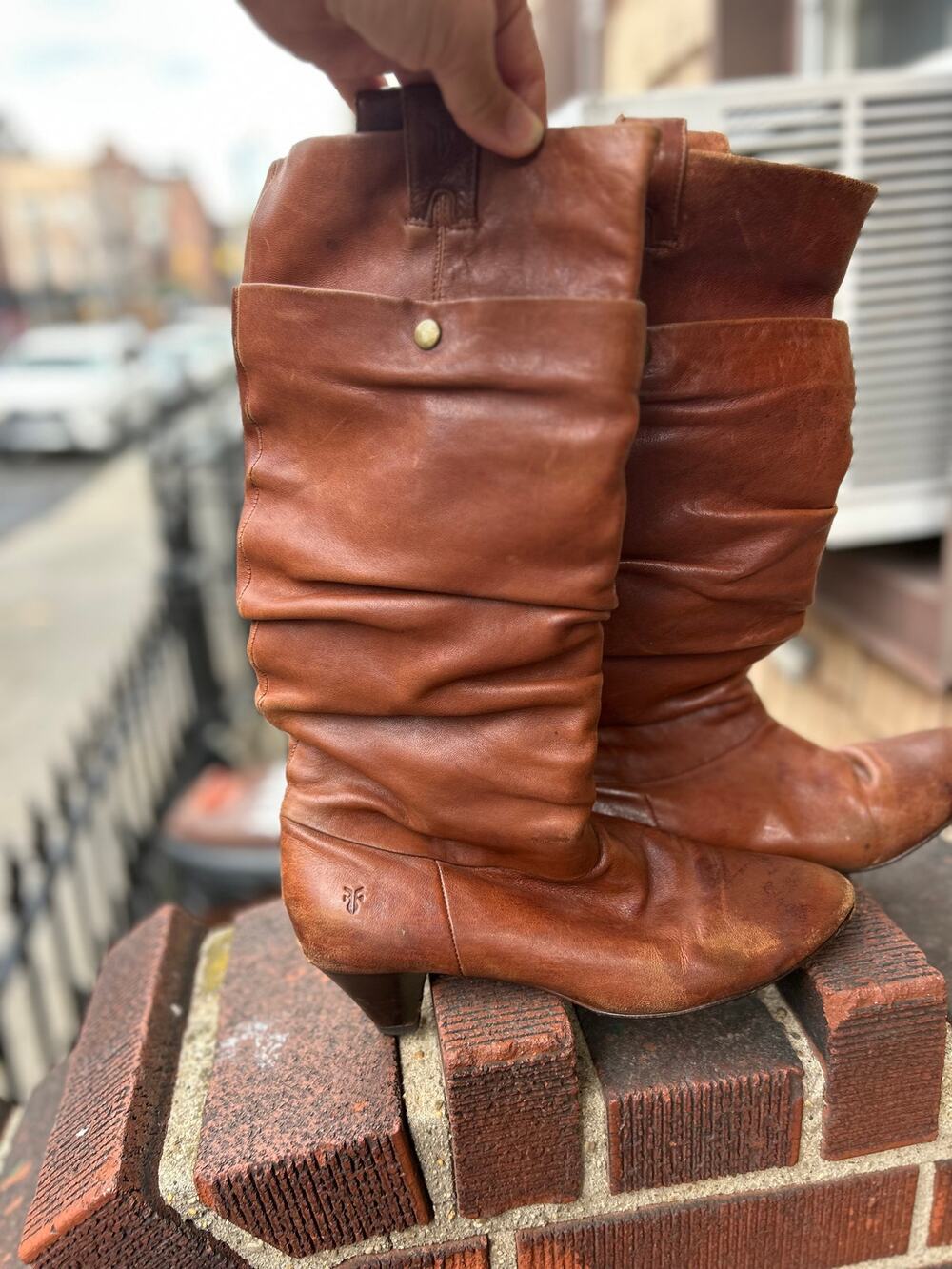 Frye Cognac Brown Leather Slouchy Knee-High Boots - Stacked Heel